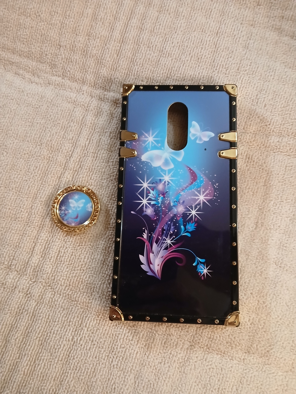 Decorative Blue Butterfly Floral Phone Case with Gold Accents